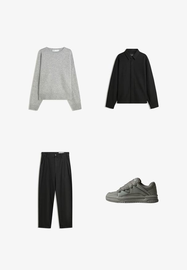 Jachetă neagră cu mâneci lungi și guler ascuțit, cu placket frontal și o textură netedă. Croială lejeră cu umeri lăsați.; Pulover gri tricotat cu guler rotund, manșete și tiv ribbed, având o croială relaxată și o textură moale.; Pantaloni negri din bumbac cu croială lejeră, având un brâu clasic, plii frontale și buzunare laterale. Textură netedă fără modele.; Pantof de sport gri, cu un superior din piele texturată și plasă, talpă groasă din cauciuc și un limbaj proeminent, căptușit pe părțile laterale. Include șireturi și accente laterale.