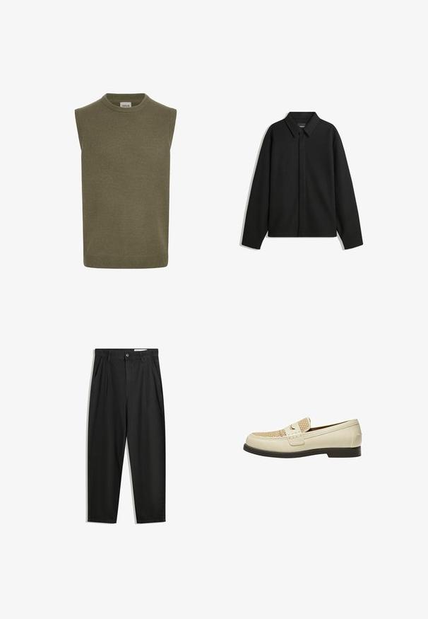Czarna koszula-zakładka z długimi rękawami i spiczastym kołnierzykiem, z przodu z guzikami i gładką fakturą. Luźny krój z obniżonymi ramionami.; Bezrękawnik w oliwkowej zieleni, o prążkowanej strukturze, okrągłym dekolcie, prostym kroju i subtelnym wykończeniu. Widoczna metka marki wewnątrz.; Czarne bawełniane spodnie o luźnym kroju, z klasycznym pasem, przednimi plisy oraz bocznymi kieszeniami. Gładka struktura, bez wzorów.; Beżowe skórzane mokasyny z plecionym detalem na czubku oraz płaską brązową podeszwą. Posiadają dekoracyjną tasiemkę z przodu.