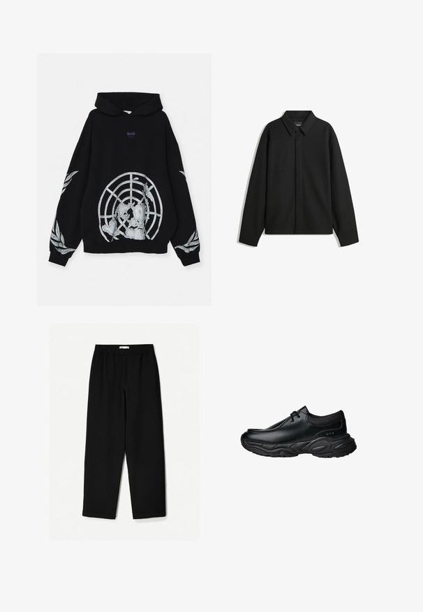 Fekete, hosszú ujjú ingdzseki hegyes gallérral, elülső gombolással és sima textúrával. Laid-back fit, lekonyult vállakkal.; GmbH UN LOOPBACK - Kapucnis pulóver - black; Fekete, bő szárú nadrág könnyű anyagból. Rugalmas derékrésszel és sima felülettel rendelkezik. Nincsenek látható minták vagy hardverelemek.; Fekete bőr slip-on cipők lekerekített orral és vastag, texturált gumitalppal. Finom varrásokkal és elasztikus részletekkel rendelkezik a nyaknál.