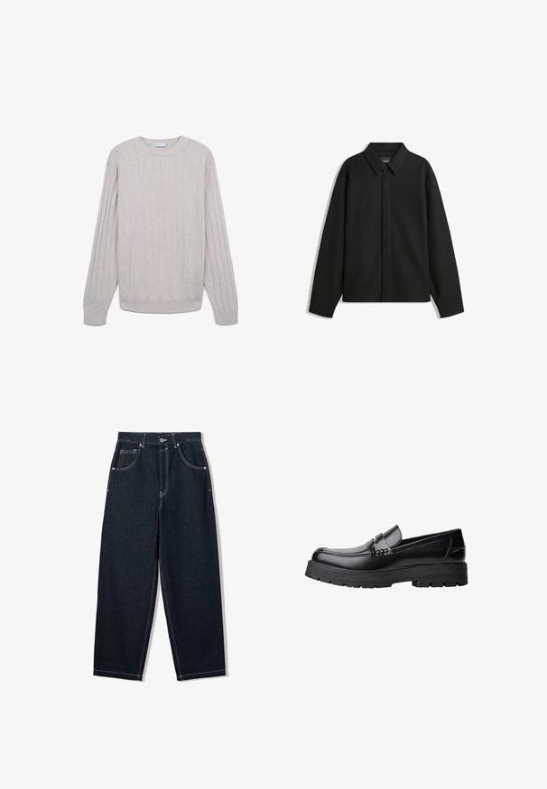 Giacca nera a maniche lunghe con colletto a punta, patta frontale e una texture liscia. Vestibilità rilassata con spalle scese.; Maglione lavorato a maglia beige chiaro con texture a costine, scollatura rotonda e maniche lunghe. Design semplice senza ulteriori motivi o accenti.; Jeans in denim scuro a gamba larga con cuciture bianche a contrasto, cinque tasche e chiusura con bottone. Presentano un design a vita alta.; Mocassino in pelle nera con suola spessa e tassellata e fascia decorativa sulla parte superiore, mostrato in profilo sinistro su sfondo bianco.
