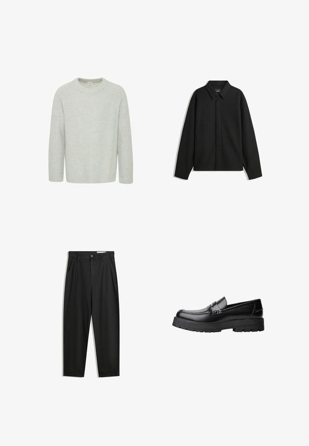Musta pitkähihainen paita-takki, jossa on terävä kaulus, etupaneeli ja sileä materiaali. Rento istuvuus ja laskeutuvat olkapäät.; Vaaleanharmaa, ribattu neulepaita, jossa on pyöreä kaula-aukko ja kolmivartiset hihat. Paidassa on teksturoitu kuvio ja rento istuvuus.; Mustat puuvillahousut rentoa mallia, joissa on klassinen vyötärö, etukangastukset ja sivutaskut. Sileä pinta ilman kuvioita.; Musta nahkainen loaferi, jossa on paksu urheilupohja ja koristeellinen hihna yläpääkkeellä, esitettynä vasemman sivuprofiilin kuvassa valkoista taustaa vasten.