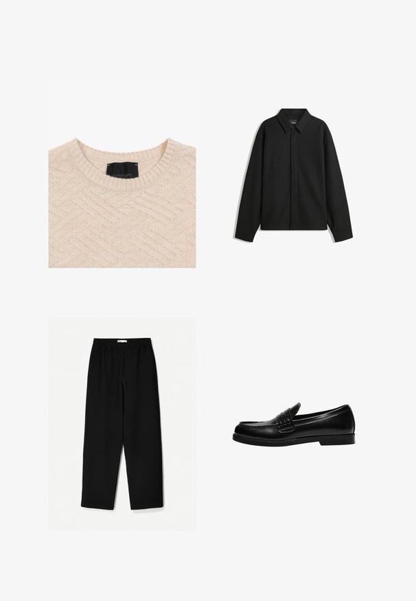 Zwarte lange mouwen overhemdjasje met een spitse kraag, voorste sluiting en een zachte textuur. Losse pasvorm met een verlaagde schouder.; Beige sweater met een textuur van een visgraatpatroon, geribbelde halslijn en een label met de tekst "GIANNI LUPO" in het zwart.; Zwarte, wijde broek van een lichtgewicht stof. Voorzien van een elastische tailleband en een soepele textuur. Geen zichtbare patronen of hardware.; Zwarte leren loafers met een gladde afwerking, voorzien van stiksel op de voorkant en een lage, stevige zwarte rubberen zool.