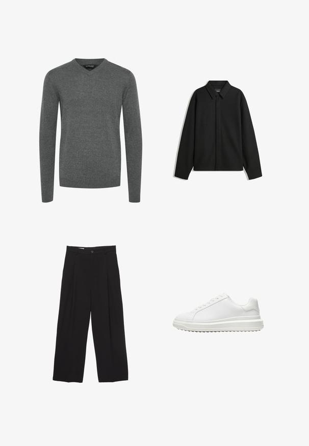Giacca nera a maniche lunghe con colletto a punta, patta frontale e una texture liscia. Vestibilità rilassata con spalle scese.; Maglione grigio a V con maniche lunghe, realizzato in tessuto a maglia liscia. Presenta polsini e orlo a costine, design minimalista, senza fantasie o decorazioni.; Pantaloni neri a gamba larga realizzati in tessuto morbido, con vita piatta, pinces frontali e chiusura con un bottone.; Sneaker bianco con una tomaia sintetica liscia, punta rotonda, lacci piatti, suola testurizzata e un design a piattaforma stratificata per un'altezza extra.