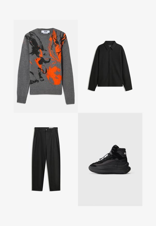 Schwarze Langarmhemdjacke mit spitzem Kragen, Frontblende und glatter Textur. Lässiger Schnitt mit abgesenkten Schultern.; Grau gestrickter Pullover mit einem kontrastierenden, orange-schwarzen abstrakten Design. Rundhalsausschnitt und gerippte Bündchen sowie Saum. Weiche Textur.; Schwarze Baumwollhose mit lockerem Schnitt, ausgestattet mit einem klassischen Bund, vorderen Falten und Seiten taschen. Glatte Textur ohne Muster.; Schwarzer High-Top-Sneaker mit dicker Sohle, Schnürverschluss, gepolstertem Knöchelkragen und strukturierten Seitenpaneelen auf einem schlichten hellen Hintergrund.
