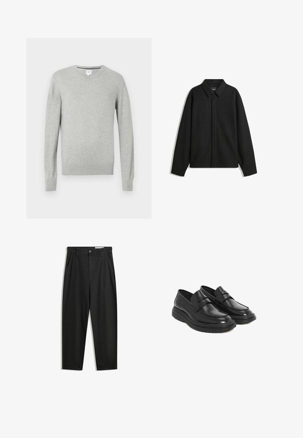 Giacca nera a maniche lunghe con colletto a punta, patta frontale e una texture liscia. Vestibilità rilassata con spalle scese.; Maglione grigio chiaro, design a v, maniche lunghe, polsini e orlo a costine, texture morbida. Etichetta del marchio posizionata sul collo.; Pantaloni in cotone neri con una vestibilità rilassata, dotati di una vita classica, pieghe frontali e tasche laterali. Tessuto liscio senza fantasie.; Mocassini neri in pelle con punta rotonda, dettagli cuciti e suola in gomma a piattaforma. Presenta un cinturino decorativo sulla tomaia.