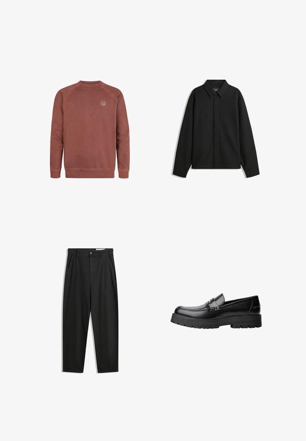 Veste chemise noire à manches longues, avec un col pointu, une patte de boutonnage à l'avant et une texture lisse. Coupe décontractée avec épaules tombantes.; Sweatshirt bordeaux à col rond en doux mélange de coton. Doté de manches raglan et d'un petit patch logo sur la poitrine. Texture lisse, poignets côtelés.; Pantalon en coton noir avec une coupe décontractée, dotés d'une taille classique, de plis à l'avant et de poches latérales. Texture lisse sans motifs.; Mocassin en cuir noir avec semelle épaisse à motifs et une sangle décorative sur le dessus, présenté en profil sur le côté gauche sur fond blanc.