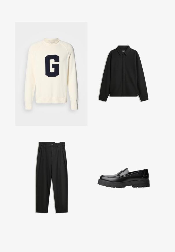 Sort langærmet skjortejakke med spids krave, frontklap og glat overflade. Relaxed fit med sænkede skuldre.; Creme sweater lavet af strikket stof med et marineblåt 'G' logo-design. Den har rund hals og ribbede manchetter og kant.; Sorte bomuldsbukser med en afslappet pasform, der har en klassisk talje, frontfolder og sidelommer. Glat tekstur uden mønstre.; Sort læderloafer med kraftig sål og dekorativ rem henover, vist i venstre sideprofil på hvid baggrund.