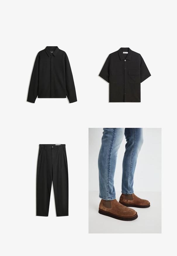 Czarna koszula-zakładka z długimi rękawami i spiczastym kołnierzykiem, z przodu z guzikami i gładką fakturą. Luźny krój z obniżonymi ramionami.; Czarna koszula z krótkim rękawem, wykonana z materiału o gładkiej fakturze, z dwoma przednimi kieszeniami, klasycznym kołnierzykiem i zapięciem na guziki.; Czarne bawełniane spodnie o luźnym kroju, z klasycznym pasem, przednimi plisy oraz bocznymi kieszeniami. Gładka struktura, bez wzorów.; Brązowe zamszowe botki za kostkę z elastycznymi wstawkami po bokach, na grubej czarnej gumowej podeszwie, zestawione z jasnoniebieskimi dżinsami slim-fit.