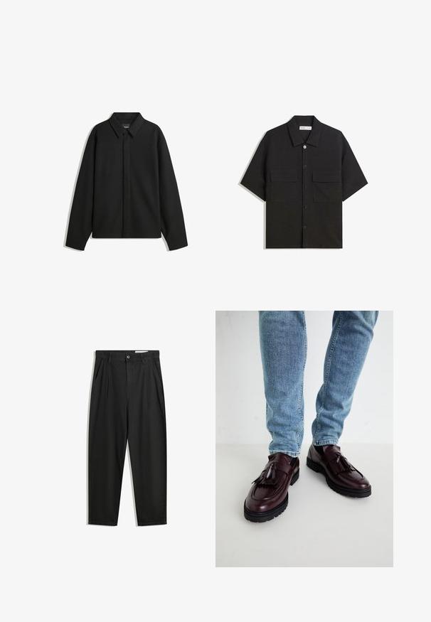 Musta pitkähihainen paita-takki, jossa on terävä kaulus, etupaneeli ja sileä materiaali. Rento istuvuus ja laskeutuvat olkapäät.; Lyhythihainen musta paita, joka on valmistettu sileästä kankaasta, jossa on kaksi etutaskua, klassinen kaulus ja napitus.; Mustat puuvillahousut rentoa mallia, joissa on klassinen vyötärö, etukangastukset ja sivutaskut. Sileä pinta ilman kuvioita.; Burgundin väriset nahkasaappaat, joissa on tupsut ja teksturoitu yläosa, yhdistettynä vaaleansinihin denim-farkkuihin. Musta kumipohja näkyvillä.