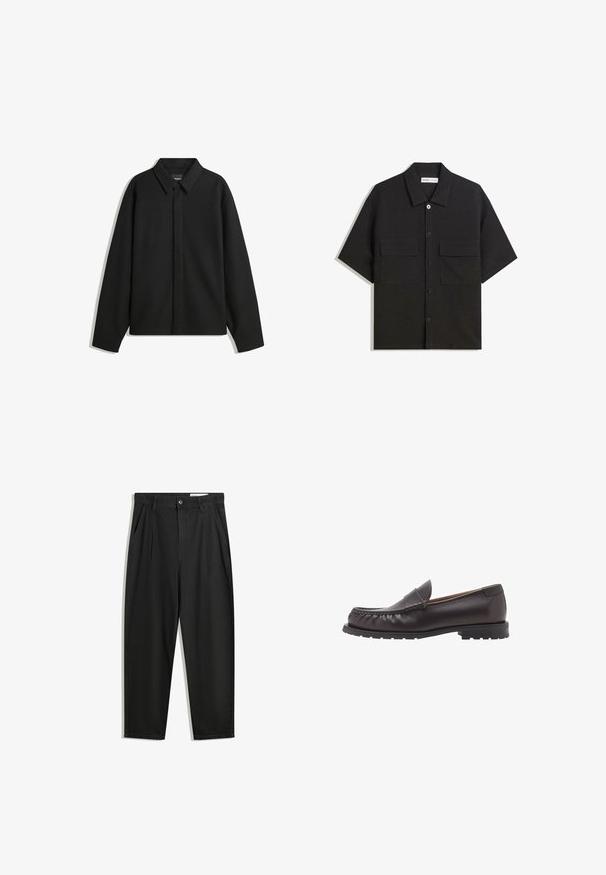 Black long-sleeve shirt jacket with a pointed collar, front placket, and a smooth texture. Relaxed fit with dropped shoulders.; Black short-sleeve shirt made of fabric with a smooth texture, features two front pockets, a classic collar, and button closure.; Black cotton trousers with a relaxed fit, featuring a classic waistband, front pleats, and side pockets. Smooth texture without patterns.; Brown leather loafers with a rounded toe, stitched detailing, and a low rubber sole. Smooth finish with a subtle sheen.