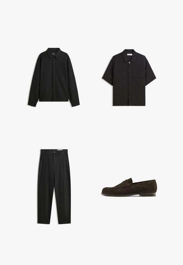 Sort langærmet skjortejakke med spids krave, frontklap og glat overflade. Relaxed fit med sænkede skuldre.; Sort kortærmet skjorte lavet af stof med en glat tekstur, har to forlommer, en klassisk krave og knaplukning.; Sorte bomuldsbukser med en afslappet pasform, der har en klassisk talje, frontfolder og sidelommer. Glat tekstur uden mønstre.; Brune ruskinds loafers med en rund tå, der har en dekorativ rem over det øverste, og en lav læderhæl. Glat tekstur og minimalistisk design.