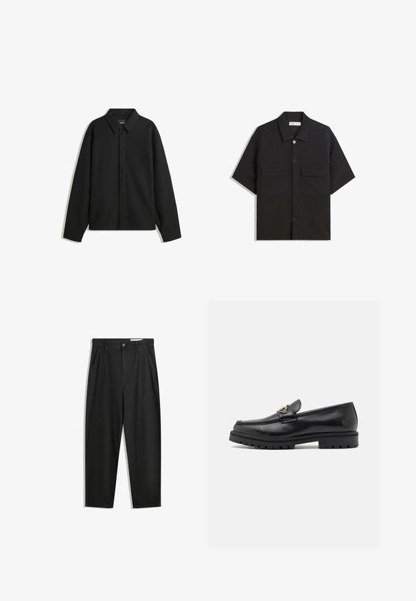 Fekete, hosszú ujjú ingdzseki hegyes gallérral, elülső gombolással és sima textúrával. Laid-back fit, lekonyult vállakkal.; Fekete, rövid ujjú ing sima textúrájú anyagból készült, két elülső zsebbel, klasszikus gallérral és gombos záródással.; Fekete pamut nadrág laza szabással, klasszikus derékrésszel, elülső hajtásokkal és oldalsó zsebekkel. Simább textúra minta nélkül.; Fekete bőr loffer cipők sima felülettel, kerek orral, díszítő pánttal arany színű fémrészekkel és masszív fekete talppal.