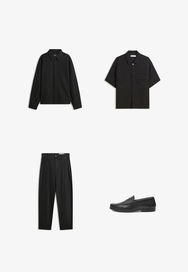 Black long-sleeve shirt jacket with a pointed collar, front placket, and a smooth texture. Relaxed fit with dropped shoulders.; Black short-sleeve shirt made of fabric with a smooth texture, features two front pockets, a classic collar, and button closure.; Black cotton trousers with a relaxed fit, featuring a classic waistband, front pleats, and side pockets. Smooth texture without patterns.; Black leather loafers with a smooth finish, featuring stitched accents and a slip-on design. Flat sole with minimal tread.