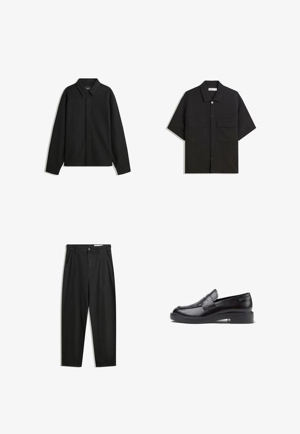 Zwarte lange mouwen overhemdjasje met een spitse kraag, voorste sluiting en een zachte textuur. Losse pasvorm met een verlaagde schouder.; Zwarte shirt met korte mouwen van stof met een gladde textuur, voorzien van twee voorzakken, een klassieke kraag en een knoopsluiting.; Zwarte katoenen broeken met een losse pasvorm, voorzien van een klassieke tailleband, voorplooien en zijzakken. Gladde structuur zonder patronen.; Zwarte leren loafer met een lage ribbelhiel, ronde neus, decoratieve gestikte accenten en een voorste banddetail. Gladde textuur.