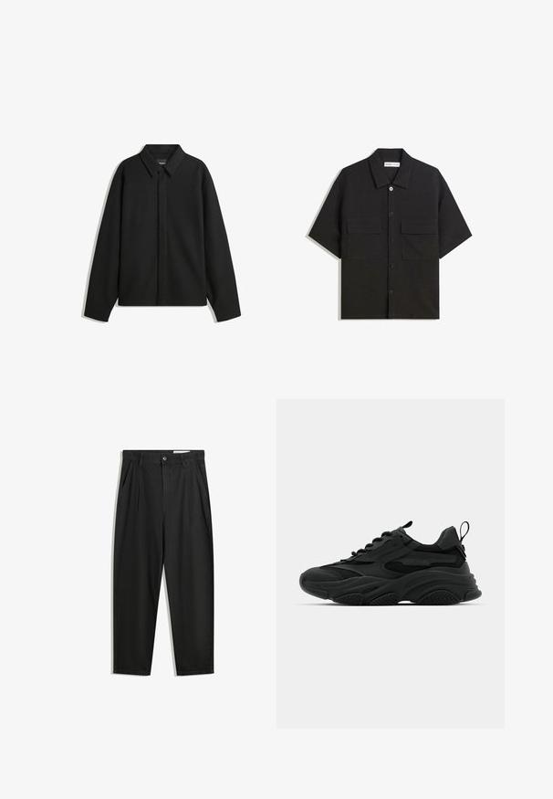 Sort langærmet skjortejakke med spids krave, frontklap og glat overflade. Relaxed fit med sænkede skuldre.; Sort kortærmet skjorte lavet af stof med en glat tekstur, har to forlommer, en klassisk krave og knaplukning.; Sorte bomuldsbukser med en afslappet pasform, der har en klassisk talje, frontfolder og sidelommer. Glat tekstur uden mønstre.; Sorte atletiske sneakers med en kraftig sål, meshpaneler og gummidetaljer. Har en trækflap ved hælen og strukturerede mønstre.