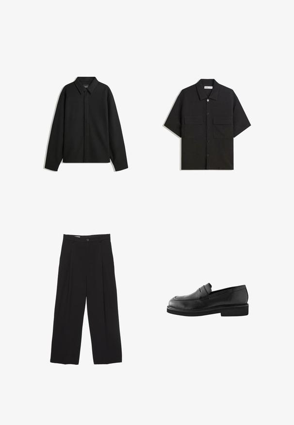Svart långärmad skjortjacka med spetsig krage, frontknäppning och en slät yta. Avslappnad passform med sänkta axlar.; Svart kortärmad skjorta i tyg med en slät yta, har två framfickor, en klassisk krage och knäppning med knappar.; Svarta vida byxor tillverkade av mjukt tyg, med platt midjeband, framfåll och en enkel knappstängning.; Next EDIT CHUNKY REGULAR FIT - Slip-ins - black