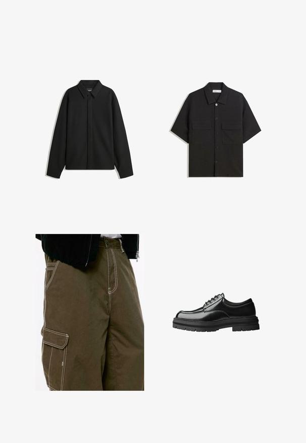 Czarna koszula-zakładka z długimi rękawami i spiczastym kołnierzykiem, z przodu z guzikami i gładką fakturą. Luźny krój z obniżonymi ramionami.; Czarna koszula z krótkim rękawem, wykonana z materiału o gładkiej fakturze, z dwoma przednimi kieszeniami, klasycznym kołnierzykiem i zapięciem na guziki.; Zbliżenie na ciemnooliwkowe spodnie cargo z białym kontrastowym szwem i klapką bocznej kieszeni, noszone z czarną kurtką i białą koszulą.; Czarny skórzany but o gładkim wykończeniu, okrągłym nosku, sześcioma otworami na sznurowadła i grubą, teksturowaną gumową podeszwą.