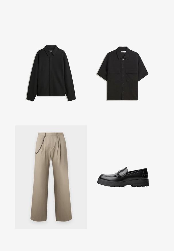 Black long-sleeve shirt jacket with a pointed collar, front placket, and a smooth texture. Relaxed fit with dropped shoulders.; Black short-sleeve shirt made of fabric with a smooth texture, features two front pockets, a classic collar, and button closure.; Beige wide-leg trousers with front pleats and a metal chain attached to the left belt loop for style.; Black leather loafer with chunky treaded sole and decorative strap across the upper, shown in left side profile on white background.