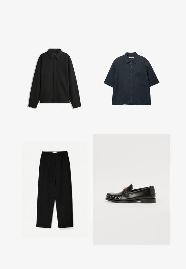Černá bunda s dlouhým rukávem, špičatým límcem, přední légou a hladkým texturem. Volný střih s kleslými rameny.; Tmavě modrá košile s krátkým rukávem na knoflíky vyrobená z lehkého materiálu, s náprsní kapsou a klasickým designem límce.; Černé kalhoty s širokými nohavicemi vyrobené z lehkého materiálu. Mají elastický pas a hladkou texturu. Bez viditelných vzorů nebo kovových detailů.; Černé kožené mokasíny s kulatou špičkou, se zlatým dekorativním akcentem na svršku a jemným prošíváním podél okrajů. Ploché podrážky.