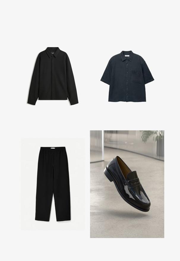 Giacca nera a maniche lunghe con colletto a punta, patta frontale e una texture liscia. Vestibilità rilassata con spalle scese.; Camicia a maniche corte di colore blu scuro, realizzata in tessuto leggero, con taschino sul petto e colletto classico.; Pantaloni neri a gamba larga realizzati in un tessuto leggero. Presentano una vita elasticizzata e una texture liscia. Senza motivi visibili o accessori.; Mocassino in pelle verniciata nera con accento cucito, punta rotonda, tacco basso e superficie liscia, presentato su uno sfondo neutro.