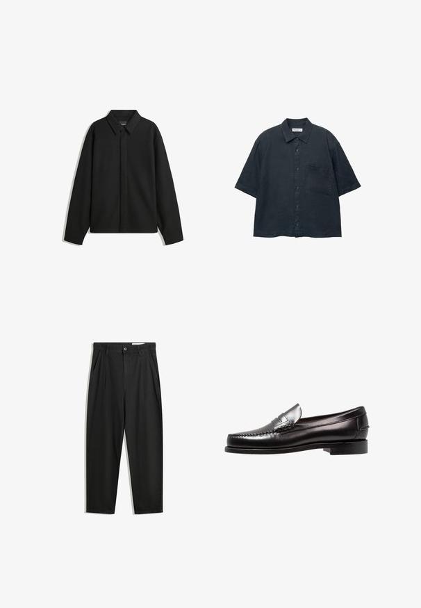 Sort langærmet skjortejakke med spids krave, frontklap og glat overflade. Relaxed fit med sænkede skuldre.; Mørkeblå kortærmet skjorte med knapper lavet af letvægtsstof, med en brystlomme og klassisk kravedesign.; Sorte bomuldsbukser med en afslappet pasform, der har en klassisk talje, frontfolder og sidelommer. Glat tekstur uden mønstre.; Sorte læder penny loafers med en lav hæl, glat overflade og dekorative syninger på tåen. Klassisk slip-on design.