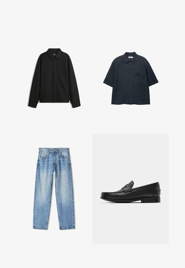 Črna dolga majica s kratkimi rokavi z ostrim ovratnikom, sprednjim zapiranjem in gladko teksturo. Ohlapen kroj z nizkimi rameni.; Temno-modra kratka srajca s kratkimi rokavi, izdelana iz lahkega materiala, z žepom na prsih in klasičnim ovratnikom.; Svetlo modri kavbojke z ohlapnim krojem, ravnim nogavicama, petimi žepi in zbledelim videzom. Imajo zadrgo in gumb na sprednji strani.; Črne usnjene loafer čevlje z zaobljenim nosom, podrobno šivanim in nizko, kvadratno peto. Gladka tekstura in minimalističen dizajn.