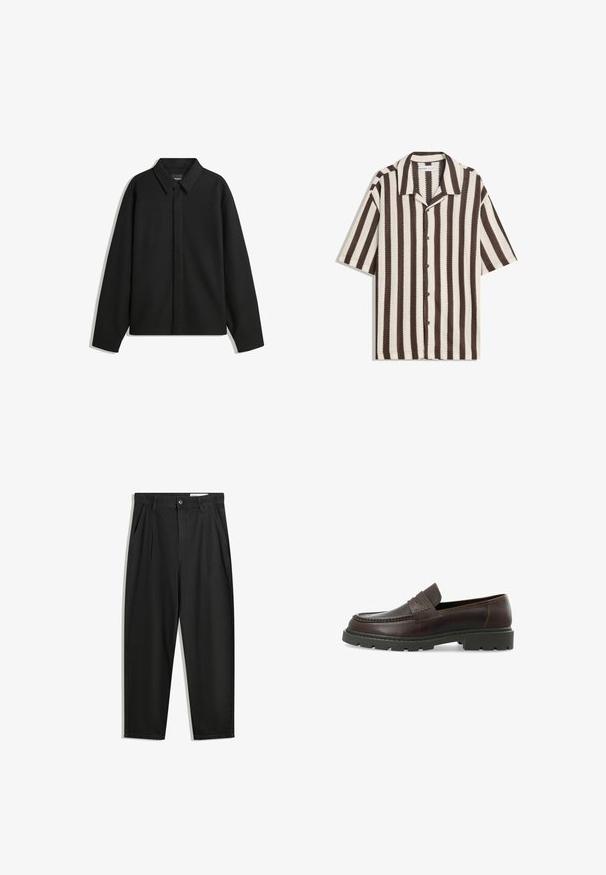 Schwarze Langarmhemdjacke mit spitzem Kragen, Frontblende und glatter Textur. Lässiger Schnitt mit abgesenkten Schultern.; Kurzärmliges Button-Up-Hemd mit braunen und beigen vertikalen Streifen und einem umschlagbaren Kragen, flach auf einem weißen Hintergrund liegend.; Schwarze Baumwollhose mit lockerem Schnitt, ausgestattet mit einem klassischen Bund, vorderen Falten und Seiten taschen. Glatte Textur ohne Muster.; Dunkelbraune Lederloafers mit strukturiertem Finish, runder Spitze und einer klobigen schwarzen Gummisohle. Verfügt über einen dekorativen genähten Akzent.