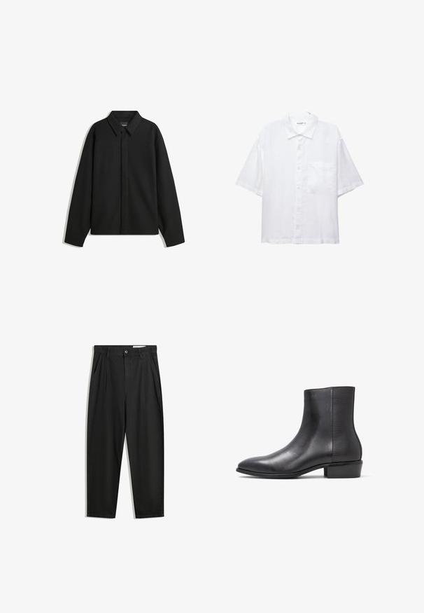 Veste chemise noire à manches longues, avec un col pointu, une patte de boutonnage à l'avant et une texture lisse. Coupe décontractée avec épaules tombantes.; Chemise blanche à manches courtes avec un devant à boutons, un col et une seule poche poitrine. Fabriquée en tissu léger avec une texture douce.; Pantalon en coton noir avec une coupe décontractée, dotés d'une taille classique, de plis à l'avant et de poches latérales. Texture lisse sans motifs.; ALDO PILLOWWALK+FLEX INSIDE ZIP AMUR - Bottines - open black