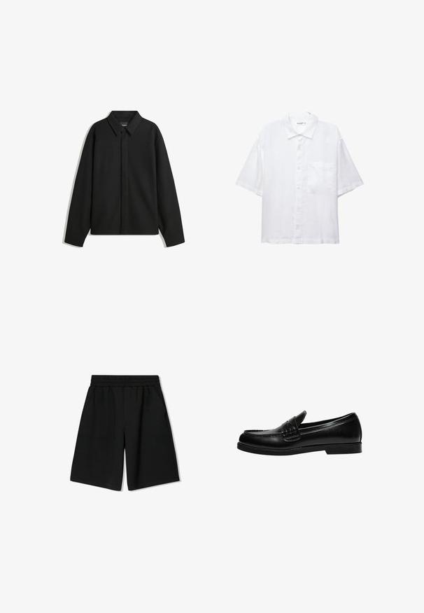 Giacca nera a maniche lunghe con colletto a punta, patta frontale e una texture liscia. Vestibilità rilassata con spalle scese.; Camicia bianca a maniche corte con chiusura a bottoni, colletto e una singola tasca sul petto. Realizzata in tessuto leggero con una texture liscia.; Pantaloni shorts neri in cotone con vita elastica, tasche laterali e vestibilità comoda, caratterizzati da una texture liscia e orlo dritto.; Mocassino in pelle nera con finitura liscia, caratterizzato da un dettaglio di cucitura sulla tomaia e una suola in gomma nera solida e bassa.
