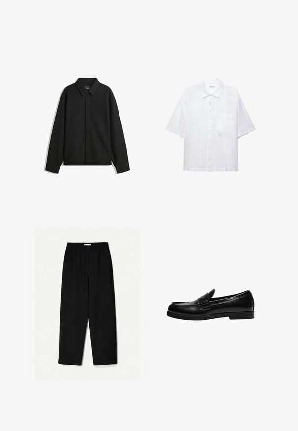 Musta pitkähihainen paita-takki, jossa on terävä kaulus, etupaneeli ja sileä materiaali. Rento istuvuus ja laskeutuvat olkapäät.; Valkoinen lyhythihainen paita nappikiinnityksellä, kauluksella ja yhdellä rintataskulla. Valmistettu kevyestä kankaasta, jossa on sileä rakenne.; Mustat, leveät lahkeet tehty kevyestä kankaasta. Ominaisuuksiin kuuluu joustava vyötärö ja sileä tekstuuri. Ei näkyviä kuvioita tai kiinnikkeitä.; Musta nahka loaferi, jossa on sileä pinta, ja joka sisältää ommeltuja yksityiskohtia vampissa sekä matalan, kiinteän mustan kumipohjan.