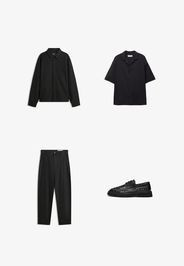 Čierna košeľa s dlhým rukávom vo forme bundy s špicatým golierom, prednou légou a hladkou textúrou. Voľný strih s spadnutými plecami.; Krátky rukáv, čierna košeľa na gombíky vyrobená z hladkej tkaniny, s preloženým golierom a voľným strihom. Obsahuje päť predných gombíkov a žiadne vzory.; Čierne bavlnené nohavice s voľným strihom, s klasickým pásom, prednými záhybmi a bočnými vreckami. Hladká textúra bez vzorov.; Čierne kožené topánky s tkaným zvrškom, zaobleným tvarom a plochou gumovou podrážkou. Obsahujú dve dierky na šnúrky a majú textúrovaný povrch.