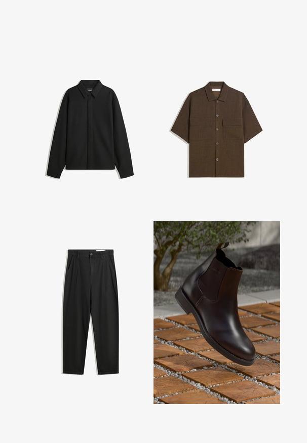 Crna jakna s dugim rukavima i oštrim ovratnikom, prednjim kopčanjem i glatkom teksturom. Opušteni kroj s spuštenim ramenima.; Košulja s kratkim rukavima, tamnosmeđe boje, izrađena od teksturirane tkanine. Ima kopčanje dugmadi sprijeda i dvije džepove na prsima. Ležerni dizajn s opuštenim krojem.; Crne pamučne hlače s opuštenim krojem, s klasičnim pojasom, prednjim nabranjima i bočnim džepovima. Glatka tekstura bez uzoraka.; Smeđe kožne Chelsea čizme s elastičnim bočnim panelima, petom za povlačenje i glatkom završnom obradom, postavljene na teksturiranu površinu od opeke i šljunka.