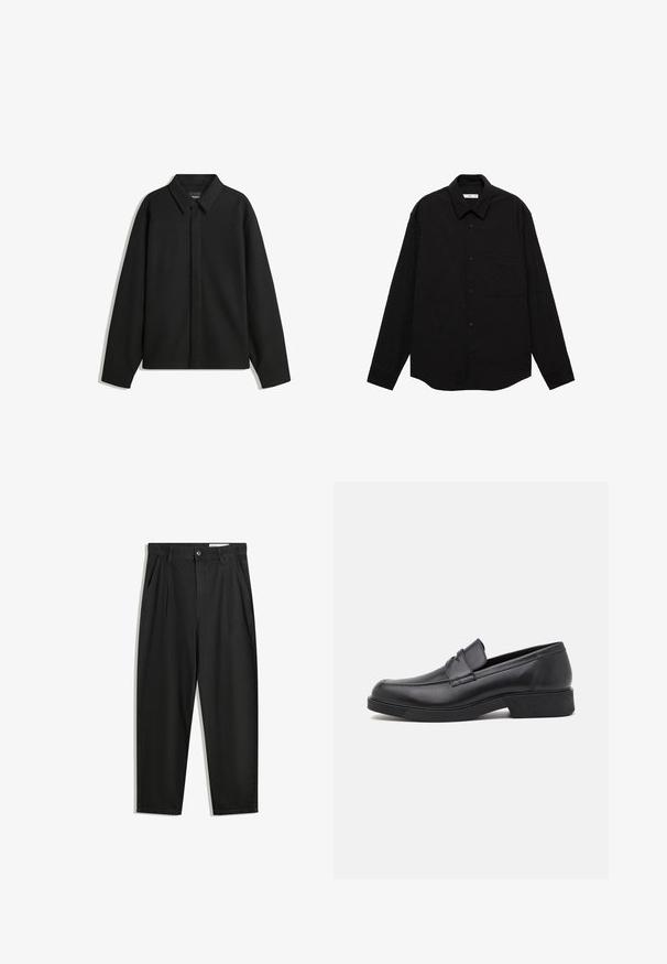 Sort langærmet skjortejakke med spids krave, frontklap og glat overflade. Relaxed fit med sænkede skuldre.; Sort langærmet skjorte i en rynket tekstur, med spidse kraver, frontlukning med knapper og en brystlomme.; Sorte bomuldsbukser med en afslappet pasform, der har en klassisk talje, frontfolder og sidelommer. Glat tekstur uden mønstre.; Sort læderloafer med rund tå og syet detaljer. Har en flad sål og en let hæl for ekstra hævning.