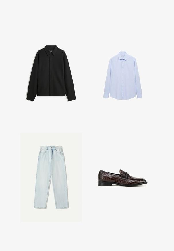 Zwarte lange mouwen overhemdjasje met een spitse kraag, voorste sluiting en een zachte textuur. Losse pasvorm met een verlaagde schouder.; Lichtblauw overhemd met lange mouwen van geweven stof, voorzien van een klassieke kraag en een volledige knoopsluiting, met een rechte snit en zonder patronen.; Lichtblauwe denim jeans met een relaxte pasvorm, recht model, vijf zakken en subtiele vervaging in de stof.; Bruine leren loafers met een krokodillenstructuur en een zilveren gespsluiting. De verhoogde zwarte buitenzool versterkt het overall slanke ontwerp.