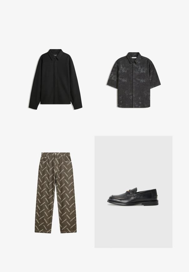 Fekete, hosszú ujjú ingdzseki hegyes gallérral, elülső gombolással és sima textúrával. Laid-back fit, lekonyult vállakkal.; Rövid ujjú, gombos ing sötétszürke színben, texturált anyaggal és finom márványos mintával. Jellemzője a hegyes gallér és egyenes alja.; Világos bézs színű, teljesen tollmintás khaki farmerek. Laza szabás, standard zsebekkel és kontrasztos varrási részletekkel.; A fekete bőrcipők lekerekített orral, varrott részletezéssel és egy apró arany díszítéssel rendelkeznek az elején. A talp lapos és diszkrét.