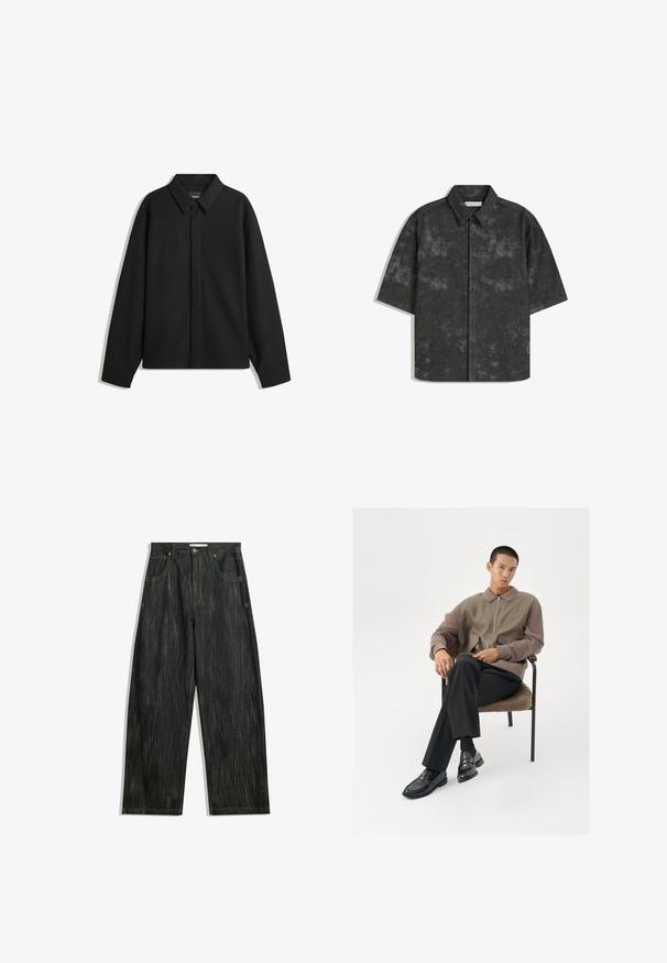 Veste chemise noire à manches longues, avec un col pointu, une patte de boutonnage à l'avant et une texture lisse. Coupe décontractée avec épaules tombantes.; Chemise à manches courtes, boutonnée, de couleur gris foncé avec un tissu texturé et un motif moucheté subtil. Elle présente un col pointu et un ourlet droit.; Jean en denim foncé à coupe ample, avec une texture verticale subtile, des coutures jaunes, cinq poches et une fermeture à bouton classique.; Veste zippée pour homme aux teintes terreuses, avec un tissu texturé et des poches surdimensionnées. Pantalons noirs ajustés et mocassins noirs brillants.
