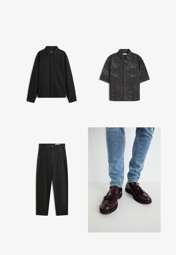 Jachetă neagră cu mâneci lungi și guler ascuțit, cu placket frontal și o textură netedă. Croială lejeră cu umeri lăsați.; Cămașă cu mânecă scurtă, cu nasturi, de culoare gri închis, dintr-un material texturat și cu un model subtil marmorat. Prezintă un guler ascuțit și un tiv drept.; Pantaloni negri din bumbac cu croială lejeră, având un brâu clasic, plii frontale și buzunare laterale. Textură netedă fără modele.; Loafers din piele burgundy cu ciucuri și un superior texturat, asortați cu blugi din denim bleu deschis. Talpa din cauciuc negru este vizibilă.