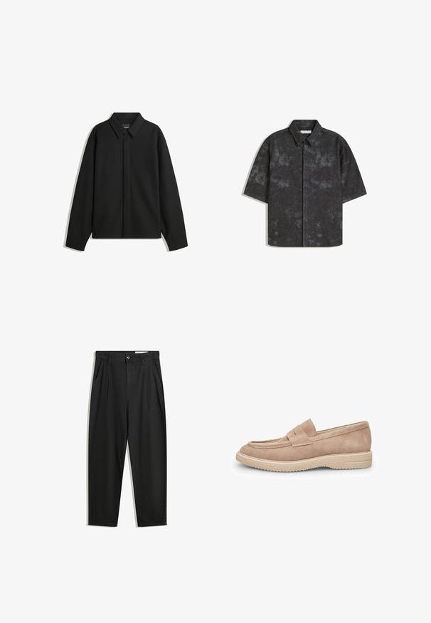 Musta pitkähihainen paita-takki, jossa on terävä kaulus, etupaneeli ja sileä materiaali. Rento istuvuus ja laskeutuvat olkapäät.; Lyhythihainen, napitettava paita tummanharmaana, jossa on teksturoitu kangas ja hienovarainen kirjava kuosi. Ominaisuuksiin kuuluu terävä kaulus ja suora helma.; Mustat puuvillahousut rentoa mallia, joissa on klassinen vyötärö, etukangastukset ja sivutaskut. Sileä pinta ilman kuvioita.; Vaaleanbeige mokkanahkaloaferit, joissa on pyöreä kärki, koristeellinen vampin nauha ja teksturoitu kumipohja pidon parantamiseksi.