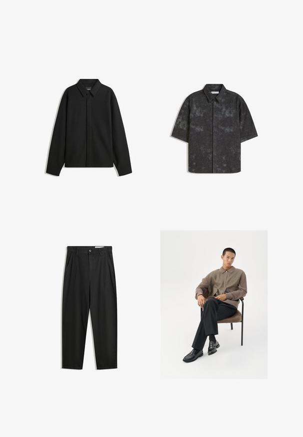Musta pitkähihainen paita-takki, jossa on terävä kaulus, etupaneeli ja sileä materiaali. Rento istuvuus ja laskeutuvat olkapäät.; Lyhythihainen, napitettava paita tummanharmaana, jossa on teksturoitu kangas ja hienovarainen kirjava kuosi. Ominaisuuksiin kuuluu terävä kaulus ja suora helma.; Mustat puuvillahousut rentoa mallia, joissa on klassinen vyötärö, etukangastukset ja sivutaskut. Sileä pinta ilman kuvioita.; Miesten vetoketjullinen takki maanläheisissä sävyissä, joka on valmistettu teksturoidusta kankaasta ja jossa on suuret taskut. Slim-fit mustat housut ja kiillotetut mustat loaferit.