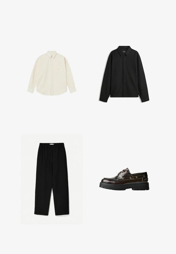 Sort langærmet skjortejakke med spids krave, frontklap og glat overflade. Relaxed fit med sænkede skuldre.; Lyscremet skjorte med knapper og tynde lodrette striber. Har spidse kraver, lange ærmer og et lille broderet logo på brystlommen.; Sorte, vidde ben bukser lavet af et let stof. Har en elastisk talje og en glat tekstur. Ingen synlige mønstre eller hardware.; Brune lædersko til båd med gummisål, der har stikninger, metaløjer og snørebåndsdesign. Kraftig, let konstruktion.
