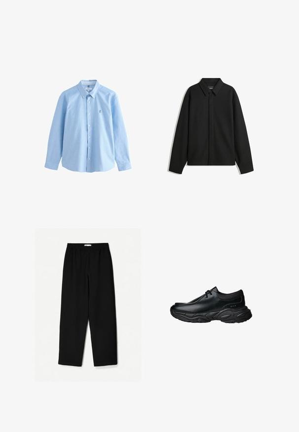Black long-sleeve shirt jacket with a pointed collar, front placket, and a smooth texture. Relaxed fit with dropped shoulders.; Light blue long-sleeve button-up shirt made of cotton with a classic collar, featuring a small embroidered logo on the left chest.; Black, wide-leg pants made from a lightweight fabric. Features an elastic waistband and a smooth texture. No visible patterns or hardware.; Black leather slip-on shoes with a rounded toe and thick textured rubber sole. Features subtle stitching and elastic accents at the collar.