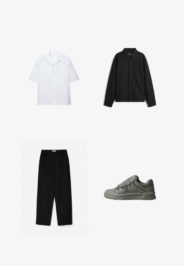 Jachetă neagră cu mâneci lungi și guler ascuțit, cu placket frontal și o textură netedă. Croială lejeră cu umeri lăsați.; Cămașă albă cu mânecă scurtă, dintr-un material neted, având un guler clasic și o croială lejeră. Fără modele sau accente vizibile.; Pantaloni negri, largi, confecționați dintr-un material ușor. Au o talie elastică și o textură netedă. Fără modele vizibile sau accesorii metalice.; Pantof de sport gri, cu un superior din piele texturată și plasă, talpă groasă din cauciuc și un limbaj proeminent, căptușit pe părțile laterale. Include șireturi și accente laterale.