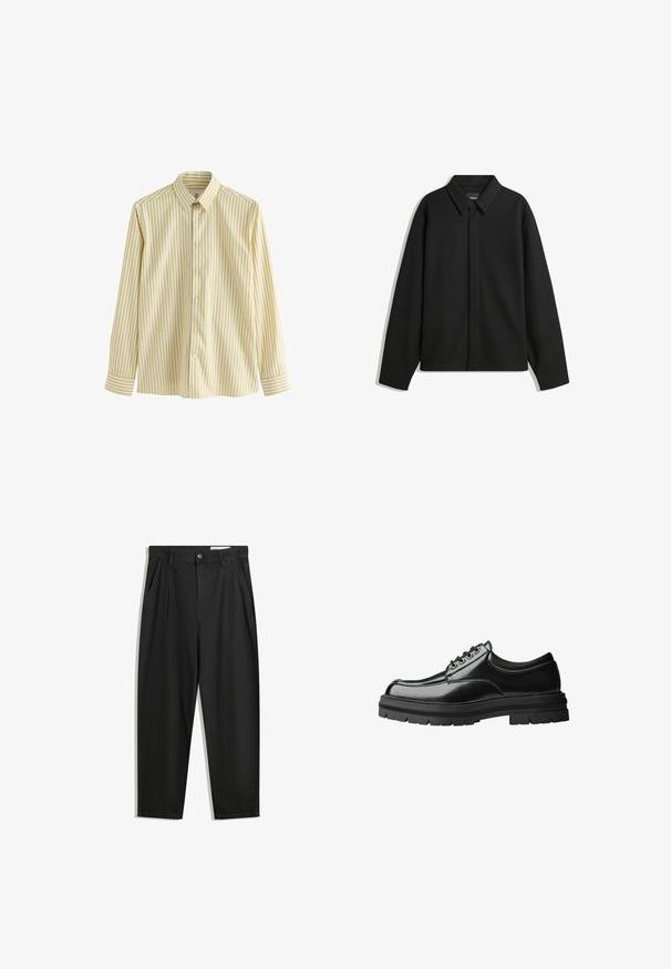 Giacca nera a maniche lunghe con colletto a punta, patta frontale e una texture liscia. Vestibilità rilassata con spalle scese.; Camicia button-up gialla chiara con strisce verticali bianche e gialle più scure, maniche lunghe e colletto classico. Tessuto dalla consistenza liscia.; Pantaloni in cotone neri con una vestibilità rilassata, dotati di una vita classica, pieghe frontali e tasche laterali. Tessuto liscio senza fantasie.; Scarpa in pelle nera con finitura liscia, punta rotonda, design con lacci a sei occhielli e suola in gomma spessa e strutturata.