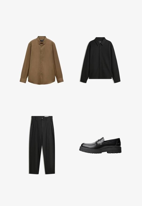 Črna dolga majica s kratkimi rokavi z ostrim ovratnikom, sprednjim zapiranjem in gladko teksturo. Ohlapen kroj z nizkimi rameni.; Rjava srajca z dolgimi rokavi, izdelana iz gladkega materiala; ima klasičen ovratnik, zapiranje z gumbi in ukrivljen rob.; Črne bombažne hlače s sproščenim krojem, ki vključujejo klasičen pas, sprednje gube in stranske žepke. Gladka tekstura brez vzorcev.; Črne usnjene loafersice s debelim profiliranim podplatom in dekorativnim pasom čez zgornji del, prikazane v levem stranskem profilu na beli podlagi.