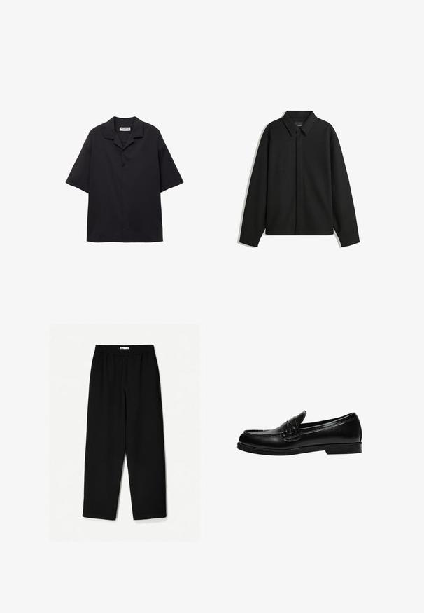 Schwarze Langarmhemdjacke mit spitzem Kragen, Frontblende und glatter Textur. Lässiger Schnitt mit abgesenkten Schultern.; Kurzarmiges schwarzes Button-Up-Hemd aus glattem Stoff, mit umgeschlagenem Kragen und lockerer Passform. Verfügt über fünf Knöpfe vorne und keine Muster.; Schwarze, weit geschnittene Hose aus leichtem Stoff. Mit elastischem Bund und glatter Textur. Keine sichtbaren Muster oder Beschläge.; Schwarze Lederloafer mit glatter Oberfläche, ausgestattet mit einer Nahtverzierung an der Vorderkappe und einer niedrigen, durchgehenden Gummisohle in Schwarz.