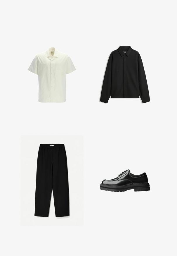 Zwarte lange mouwen overhemdjasje met een spitse kraag, voorste sluiting en een zachte textuur. Losse pasvorm met een verlaagde schouder.; Korte mouw shirt in gebroken wit katoen, met een knoopsluiting aan de voorkant, twee borstzakken en een klassieke kraag. Gladde textuur zonder patronen.; Zwarte, wijde broek van een lichtgewicht stof. Voorzien van een elastische tailleband en een soepele textuur. Geen zichtbare patronen of hardware.; Zwarte leren schoen met een gladde afwerking, ronde neus, zes gaatjes vetersluiting en een dikke, gestructureerde rubberen zool.