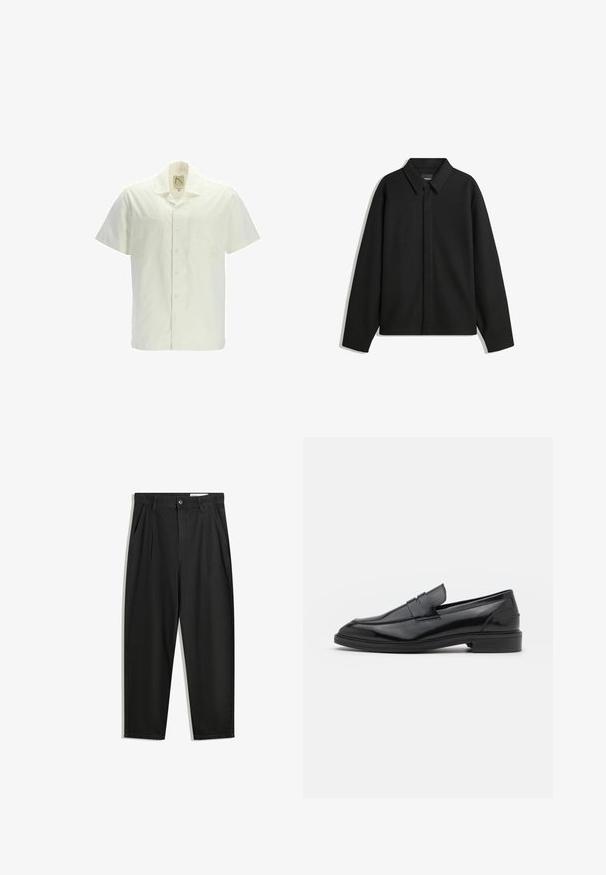 Zwarte lange mouwen overhemdjasje met een spitse kraag, voorste sluiting en een zachte textuur. Losse pasvorm met een verlaagde schouder.; Korte mouw shirt in gebroken wit katoen, met een knoopsluiting aan de voorkant, twee borstzakken en een klassieke kraag. Gladde textuur zonder patronen.; Zwarte katoenen broeken met een losse pasvorm, voorzien van een klassieke tailleband, voorplooien en zijzakken. Gladde structuur zonder patronen.; Zwarte leren instappers met een gladde afwerking, voorzien van een ronde neus en een smalle band over de bovenkant. Lage gestapelde hak.