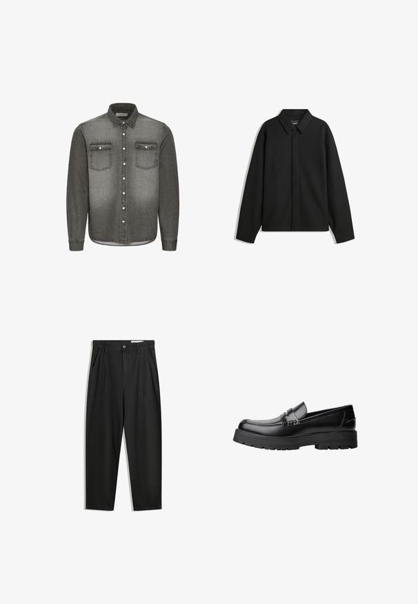 Schwarze Langarmhemdjacke mit spitzem Kragen, Frontblende und glatter Textur. Lässiger Schnitt mit abgesenkten Schultern.; Graues Denim-Hemd mit Button-Down-Kragen, langen Ärmeln, zwei Brusttaschen und silbernen Hardware-Details. Mit einem verblassten Farbverlauf-Design.; Schwarze Baumwollhose mit lockerem Schnitt, ausgestattet mit einem klassischen Bund, vorderen Falten und Seiten taschen. Glatte Textur ohne Muster.; Schwarzer Lederloafer mit grobem, rutschfestem Sohlenprofil und dekorativem Riemen über der Oberseite, seitlich links auf weißem Hintergrund abgebildet.