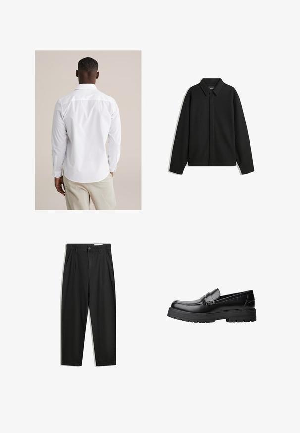 Giacca nera a maniche lunghe con colletto a punta, patta frontale e una texture liscia. Vestibilità rilassata con spalle scese.; Camicia bianca con bottoni, maniche lunghe, realizzata in tessuto liscio. Presenta un colletto classico, orlo curvo e polsini con un solo bottone.; Pantaloni in cotone neri con una vestibilità rilassata, dotati di una vita classica, pieghe frontali e tasche laterali. Tessuto liscio senza fantasie.; Mocassino in pelle nera con suola spessa e tassellata e fascia decorativa sulla parte superiore, mostrato in profilo sinistro su sfondo bianco.