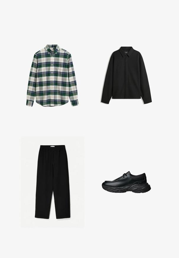 Giacca nera a maniche lunghe con colletto a punta, patta frontale e una texture liscia. Vestibilità rilassata con spalle scese.; Camicia a quadri verde e bianca con colletto, con accenti blu navy, grigio e arancione. Include una tasca sul lato sinistro del petto.; Pantaloni neri a gamba larga realizzati in un tessuto leggero. Presentano una vita elasticizzata e una texture liscia. Senza motivi visibili o accessori.; Scarpe slip-on in pelle nera con punta arrotondata e suola in gomma spessa e testurizzata. Presentano cuciture sottili e dettagli in elastico sul colletto.